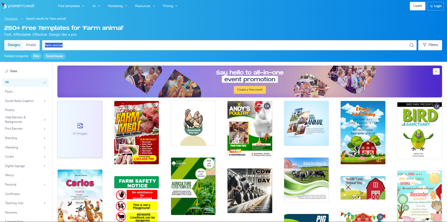 Interface of PosterMyWall - an online site to make animal farm poster