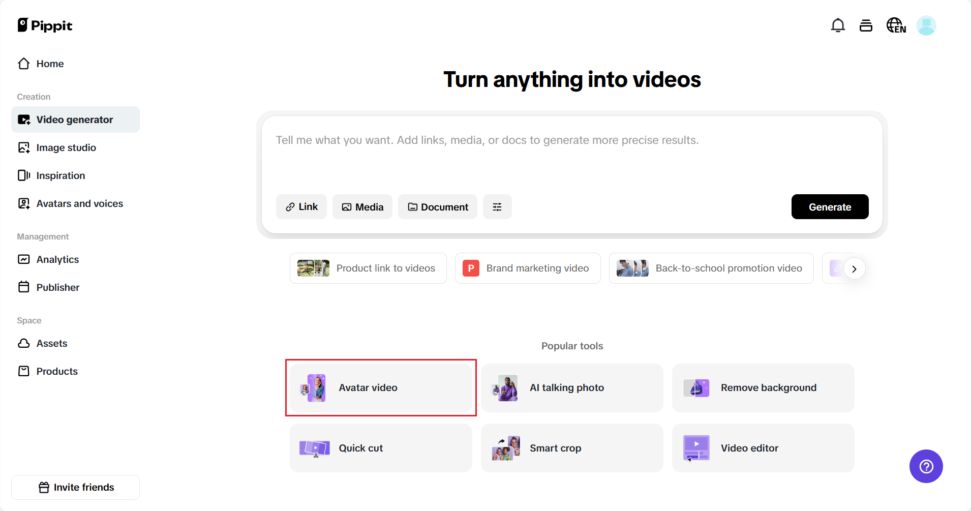 Go to the "Avatars video" space