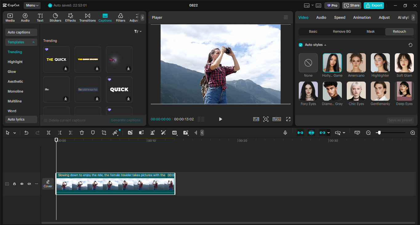 Editing interface of CapCut - the best tool to create and edit eye-catching Google profile pictures