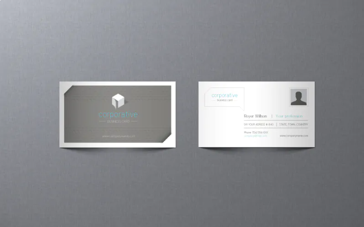 Clean grey and white business card with blue text
