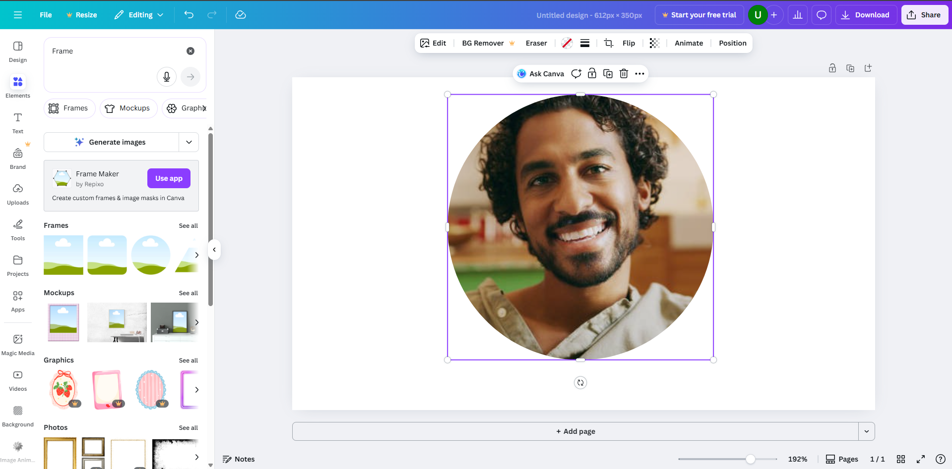 Interface of Canva - the most liked tool to round crop an image