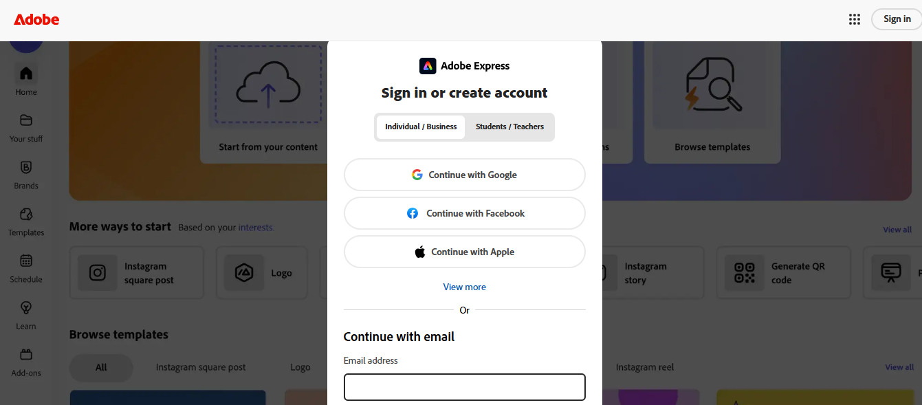Log in to Adobe Express