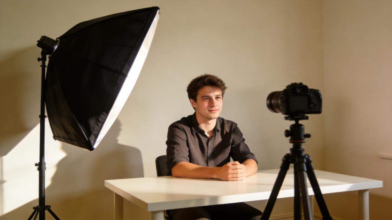 Man seated at a table being filmed with a camera, softbox light beside him