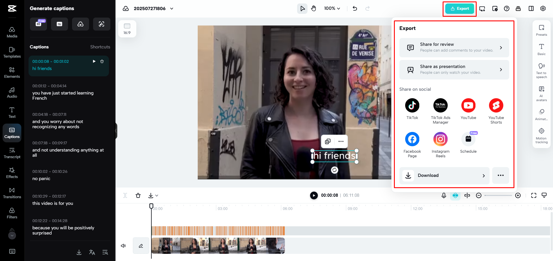 Exporting the video from CapCut Web