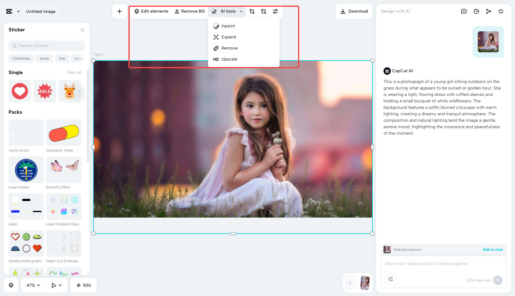 Enhancing the AI-generated photo with AI tools in CapCut