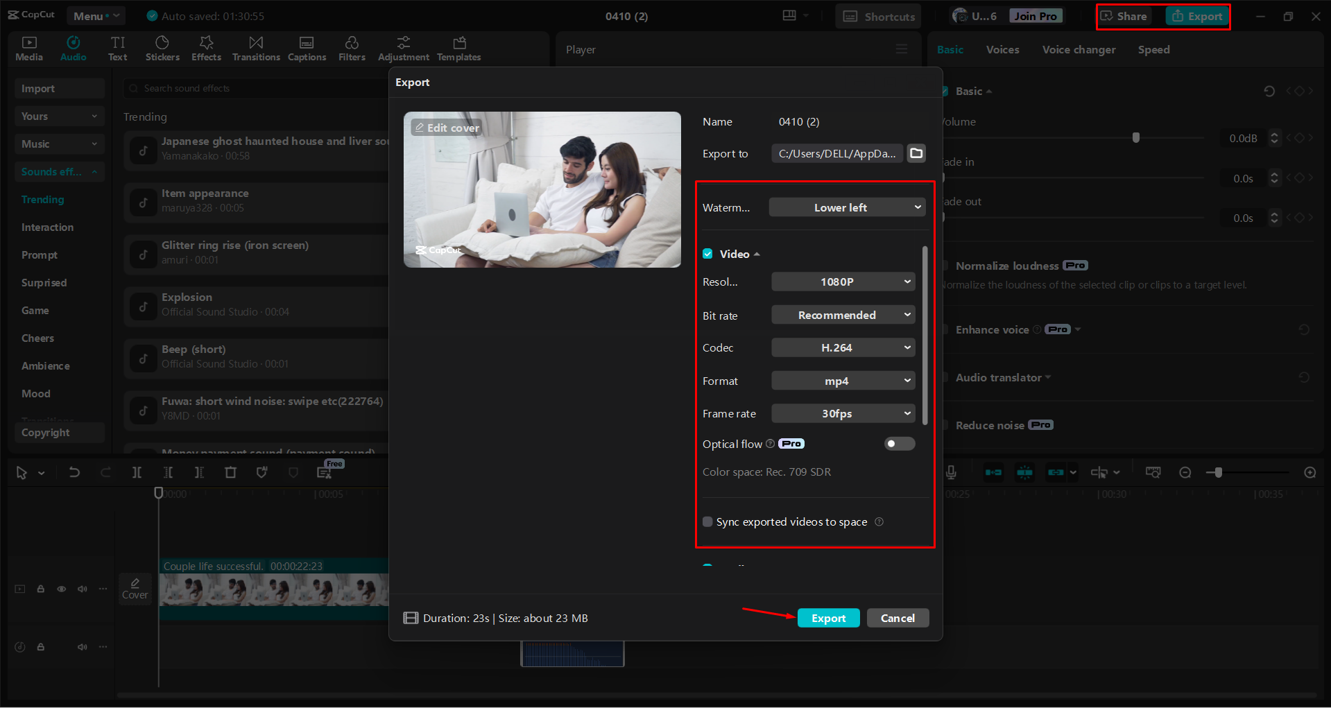 Exporting a video from the CapCut desktop video editor