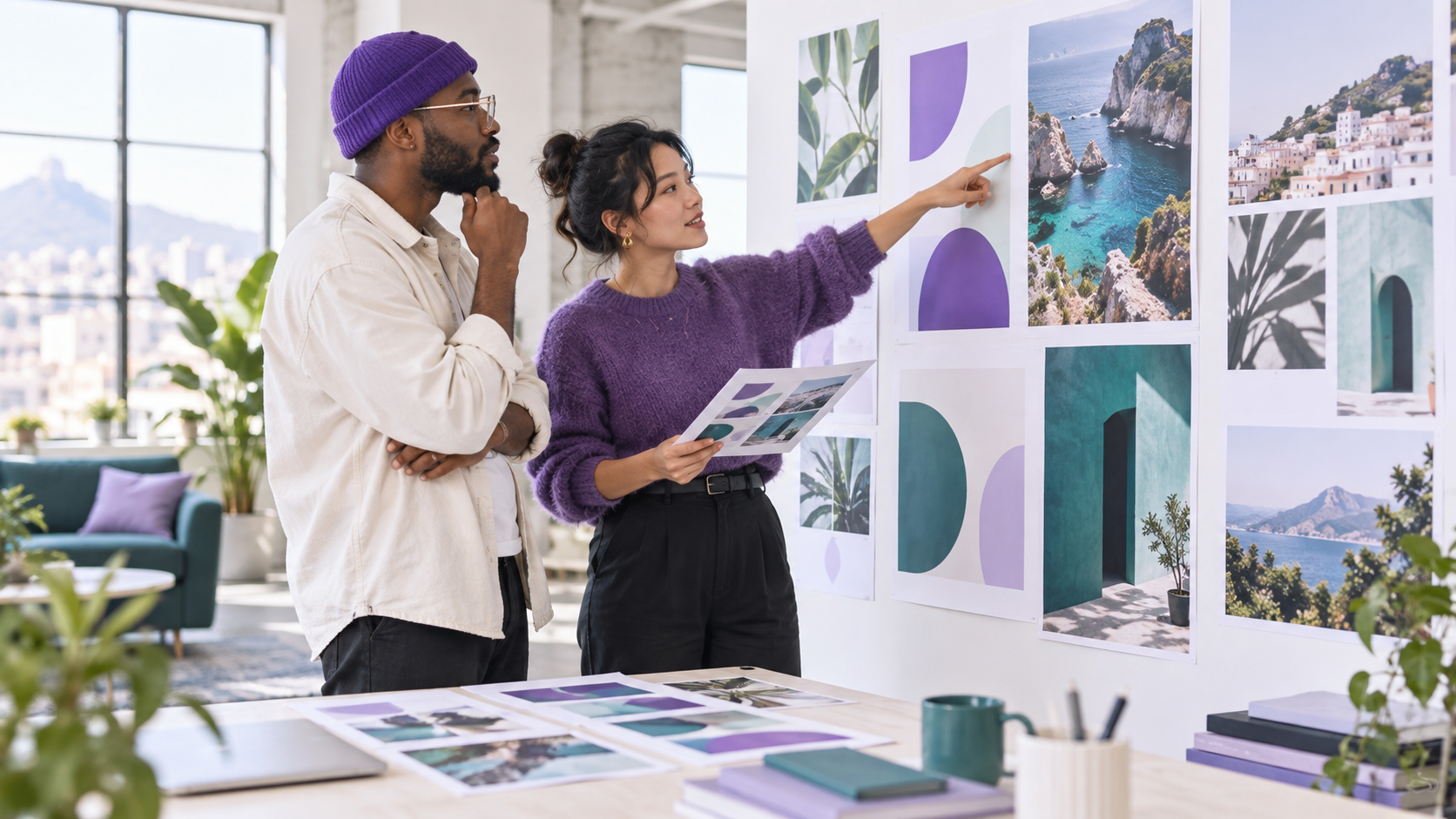 Two creative collaborators reviewing a regional campaign mood board