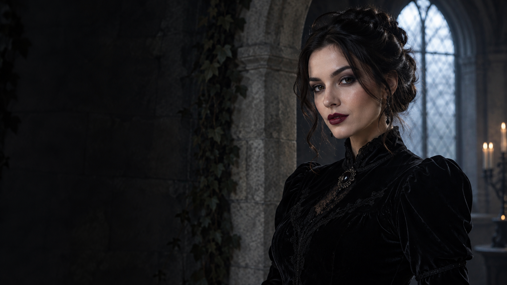 Victorian Gothic Portrait: A fictional adult woman in black velvet with muted burgundy lips and smoky eyes, gothic stone archway, cool window light, natural skin texture.
