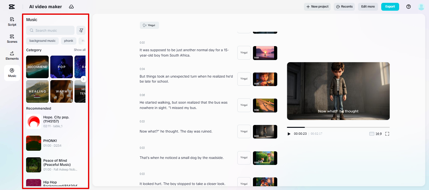 CapCut Web music library