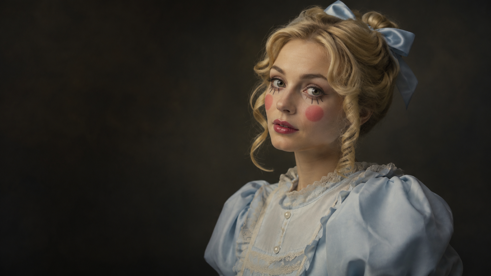Soft Porcelain Doll: A fictional adult woman with rosy rounded doll blush, subtle lower-lash detailing and glossy lips, pale blue dress, soft vintage studio light.
