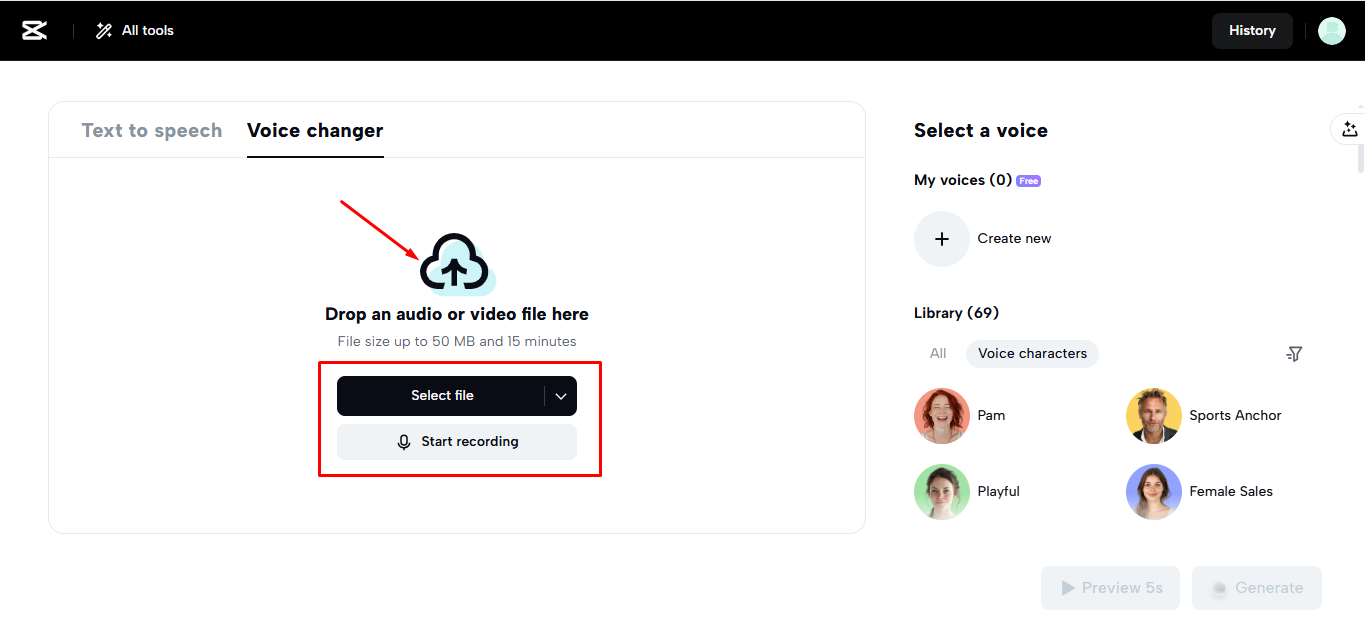 Uploading or recording audio in the CapCut Web