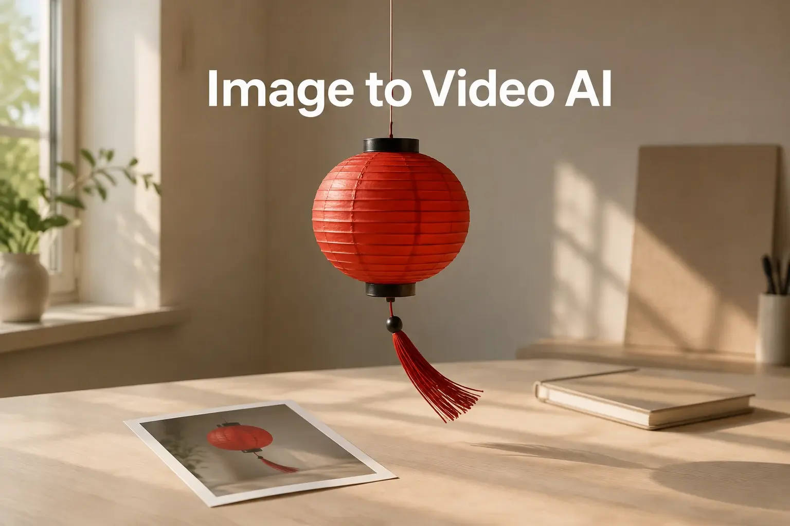 Image to Video AI cover with a red paper lantern above its printed source photograph