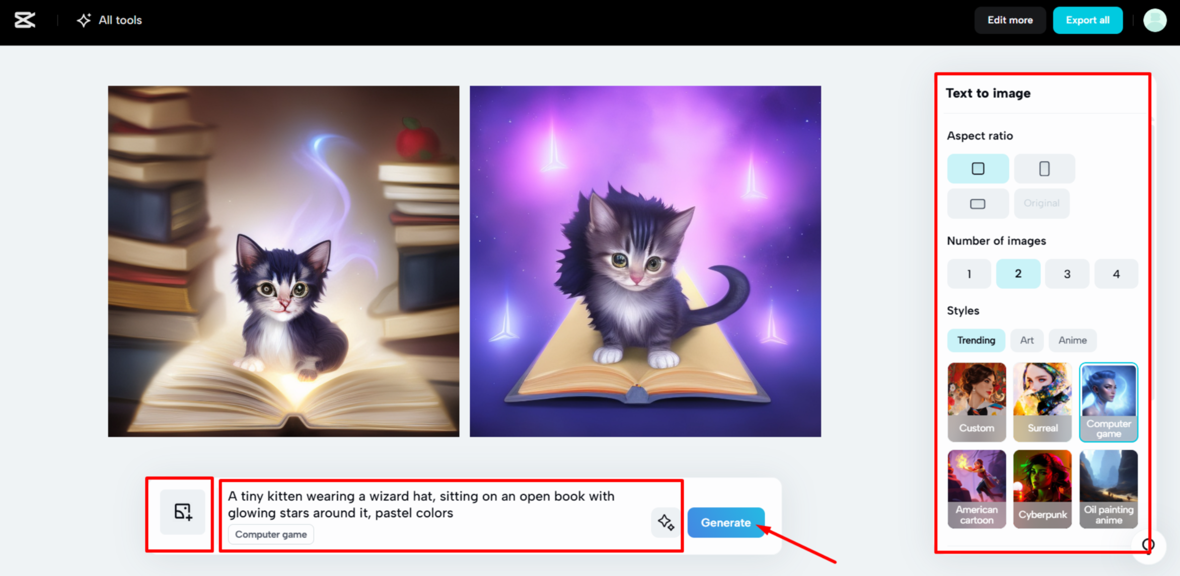Converting text to images using CapCut's AI image generator