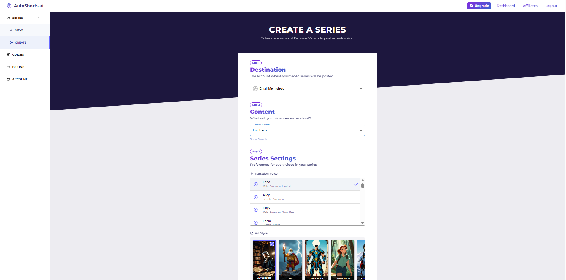 Schnittstelle von AutoShorts - einem hocheffizienten gesichtslosen Videogenerator