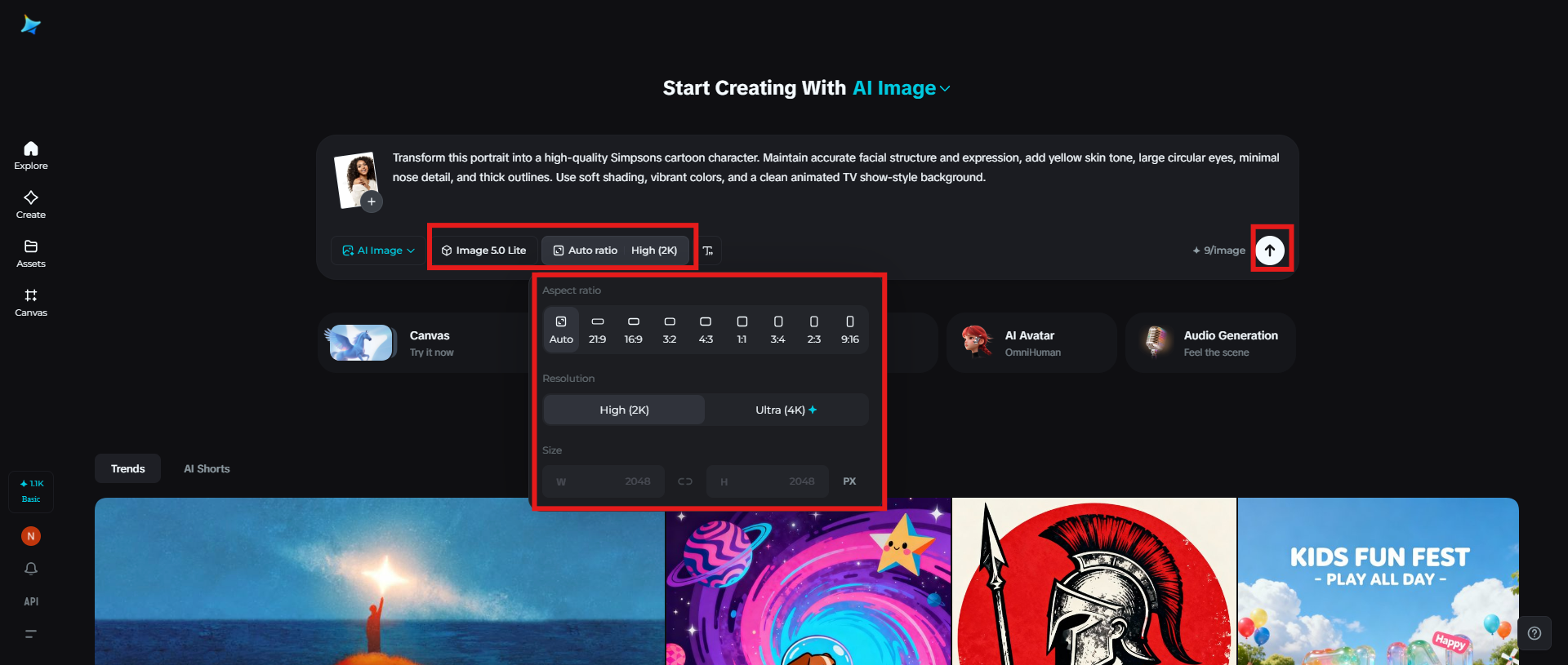 Select the image model and generate