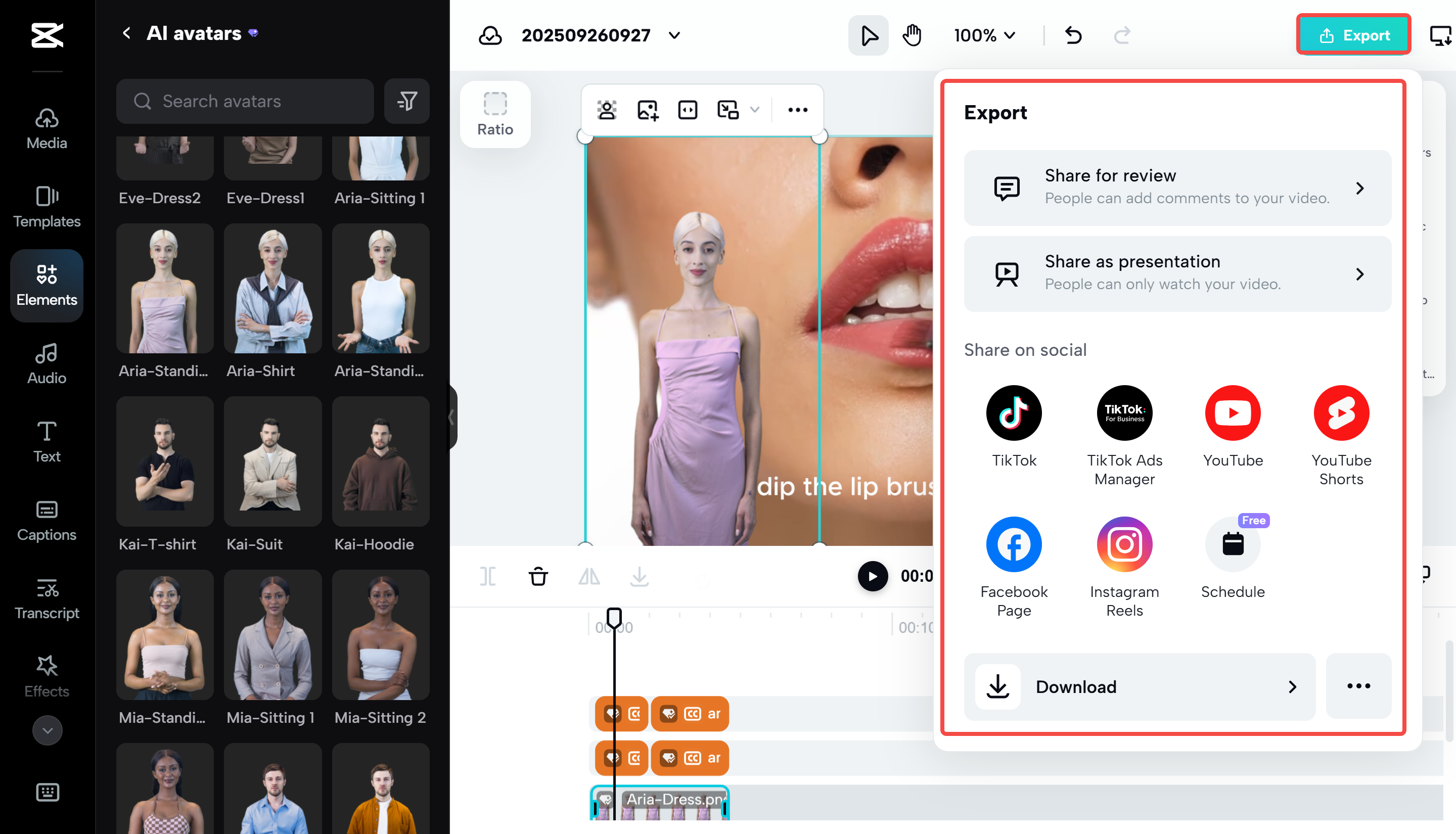 Downloading the avatar video from the CapCut Web