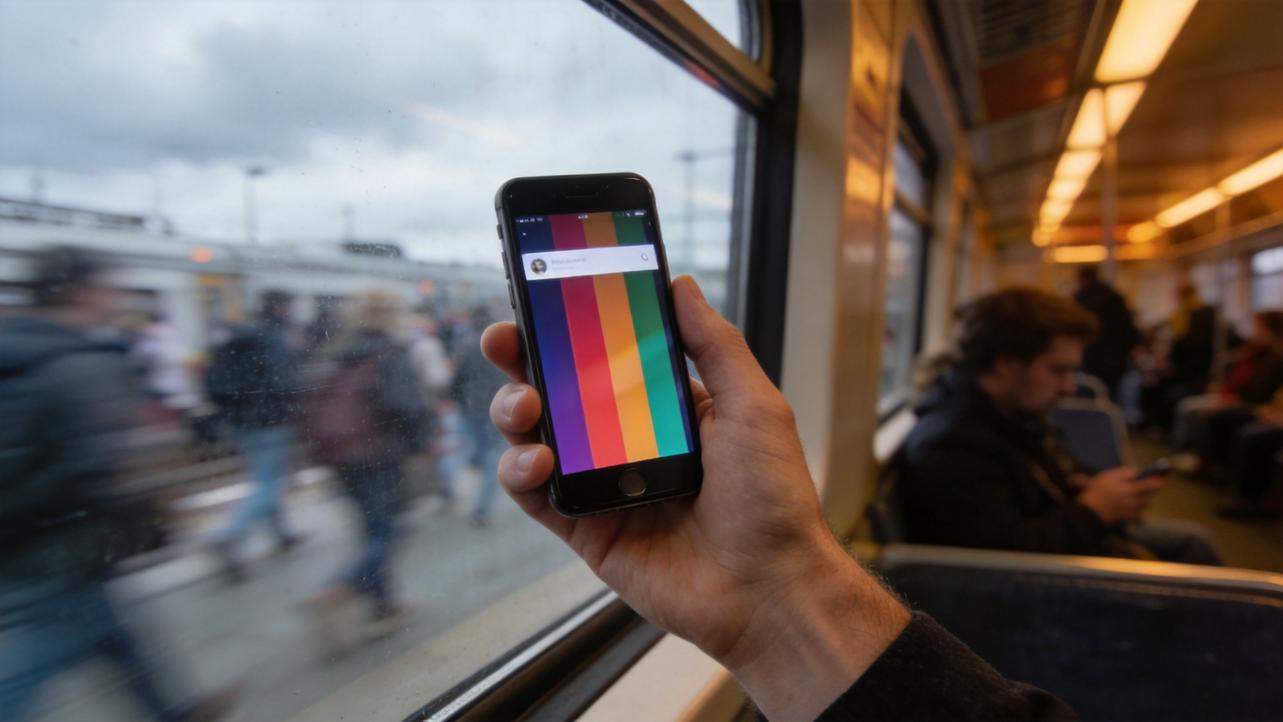 Hand holding a smartphone on a train, with bold vertical rainbow color blocks on the screen.