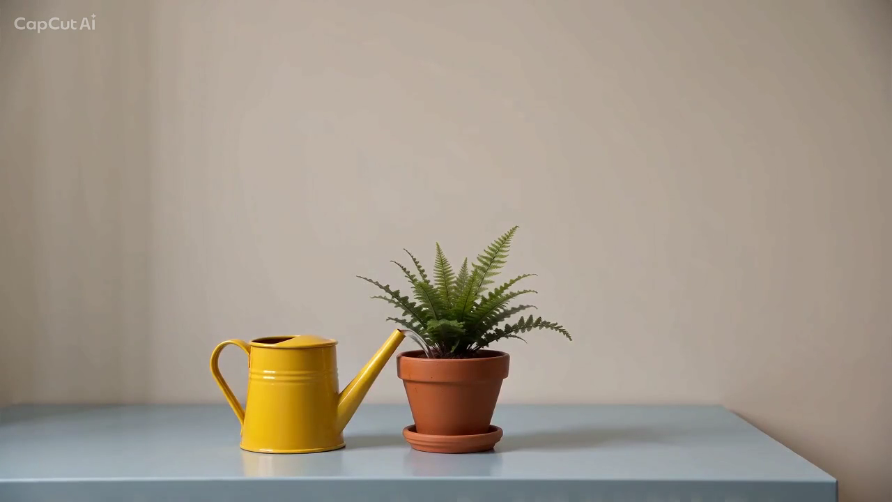 Wide source frame showing the complete yellow watering can and fern pot before reframing