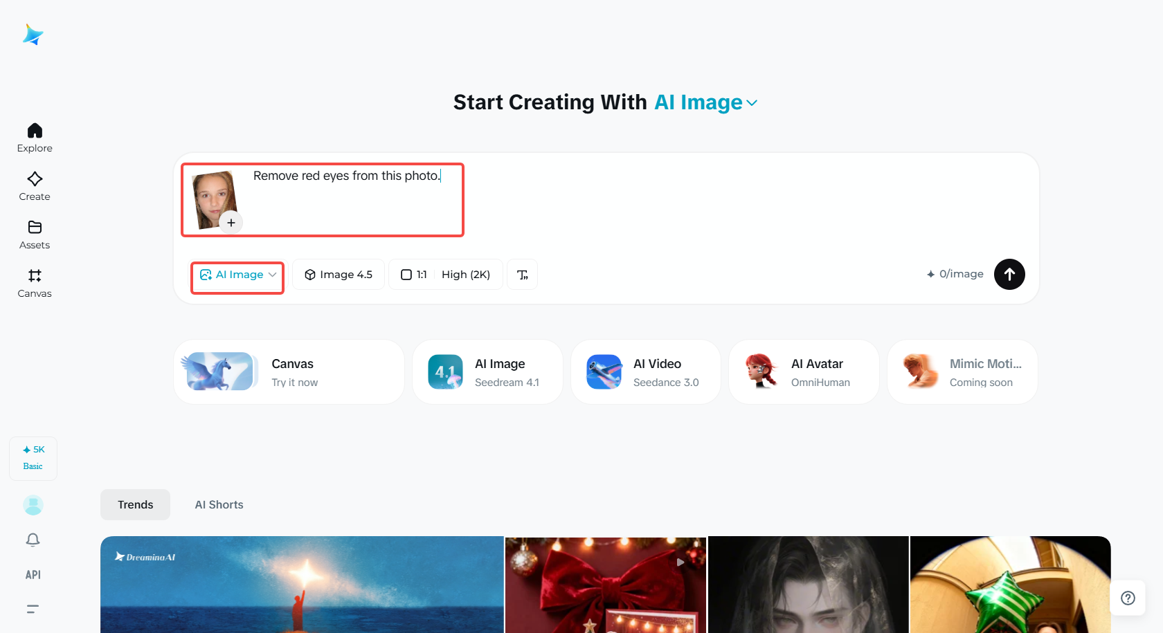 Open Dreamina AI Image and import the image