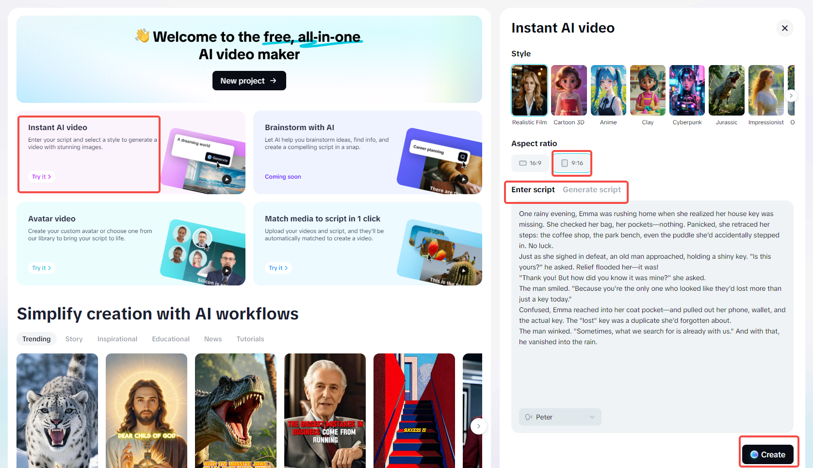 Entrez un script vidéo pour "Vidéo IA instantanée"