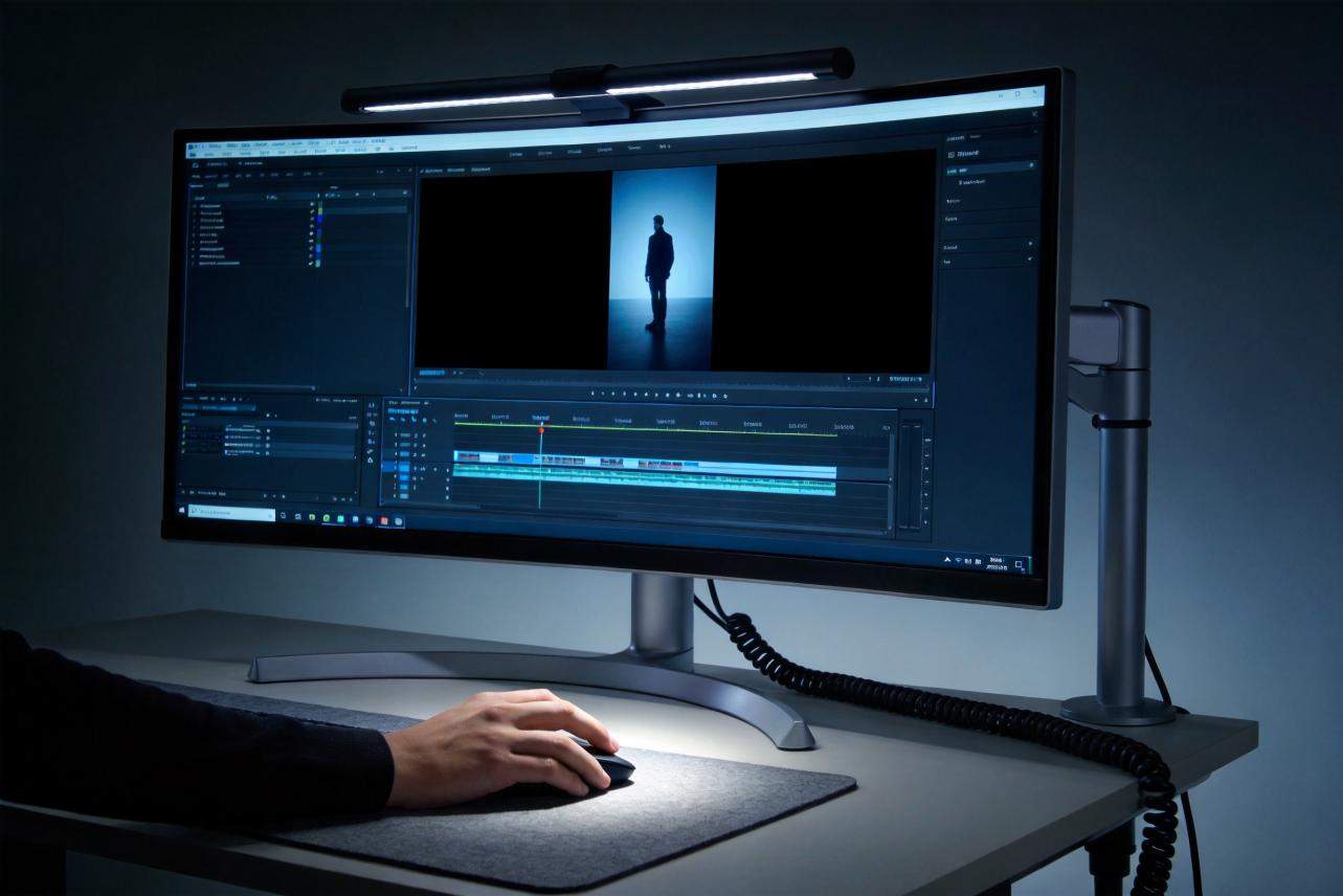 Video editing interface on a widescreen monitor showing a vertical clip with black bars on both sides