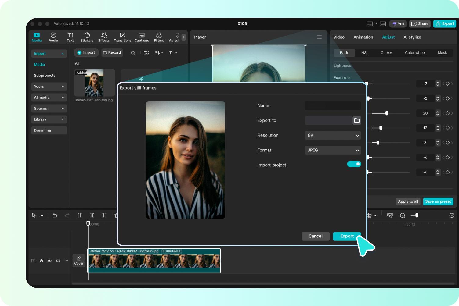 Export the darkened image in CapCut