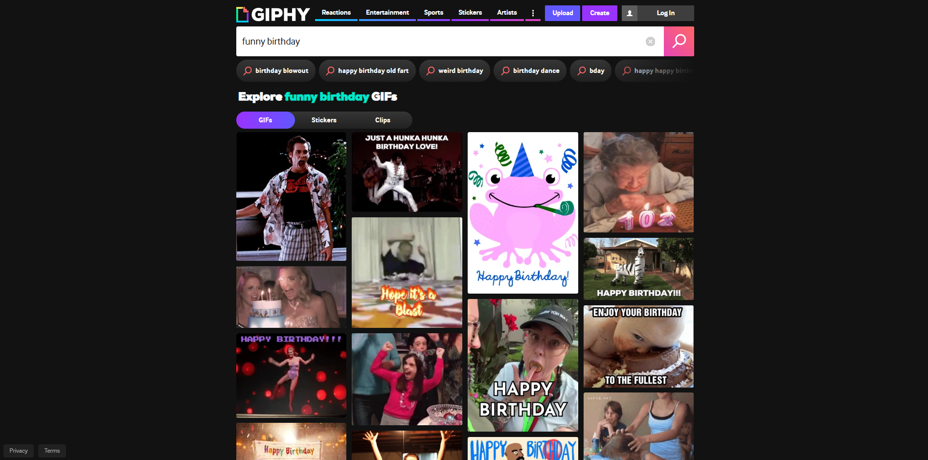 Interface do Giphy - o site preferido para GIFs engraçados de aniversário.