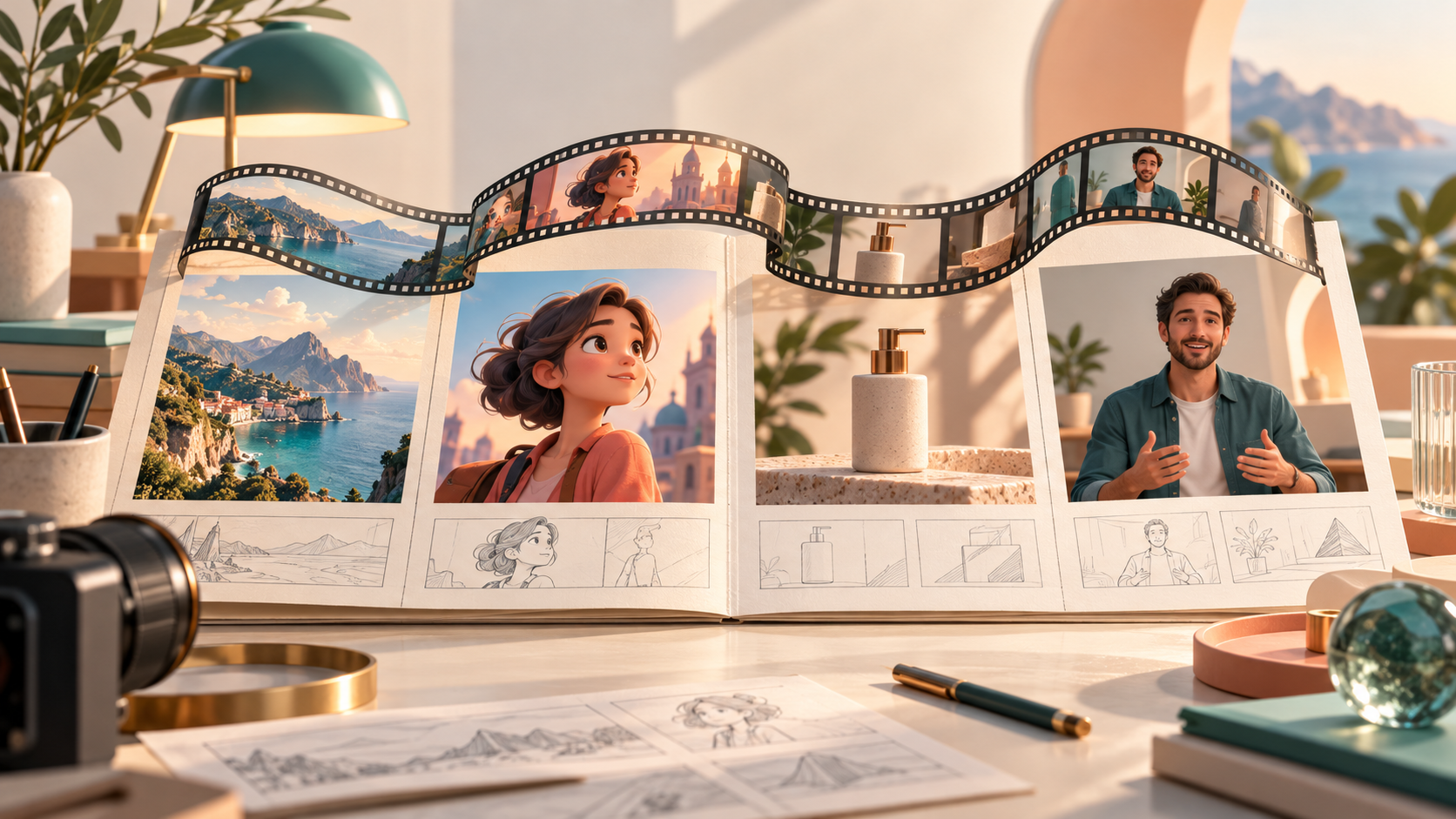 Storyboard scenes of a landscape, animated character, product and presenter linked by a film strip