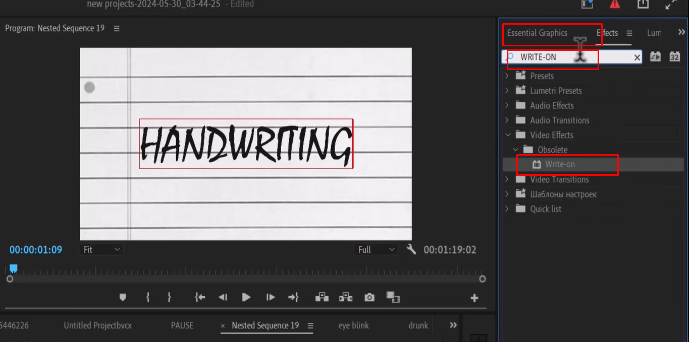 Anwendung des Write-on-Effekts auf die Textebene in Premiere Pro