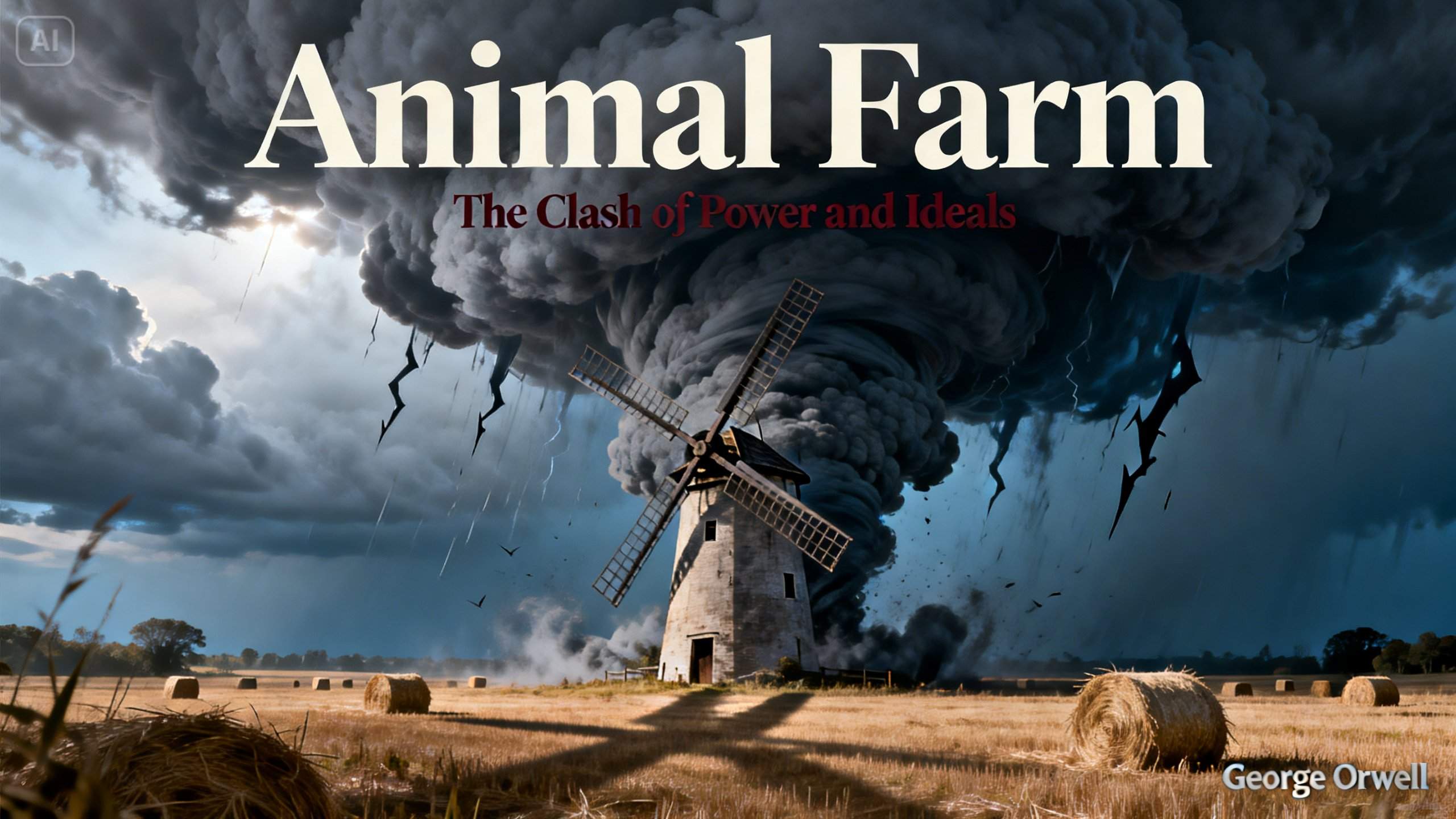 Animal farm poster of windmill surrounded by dark storm clouds