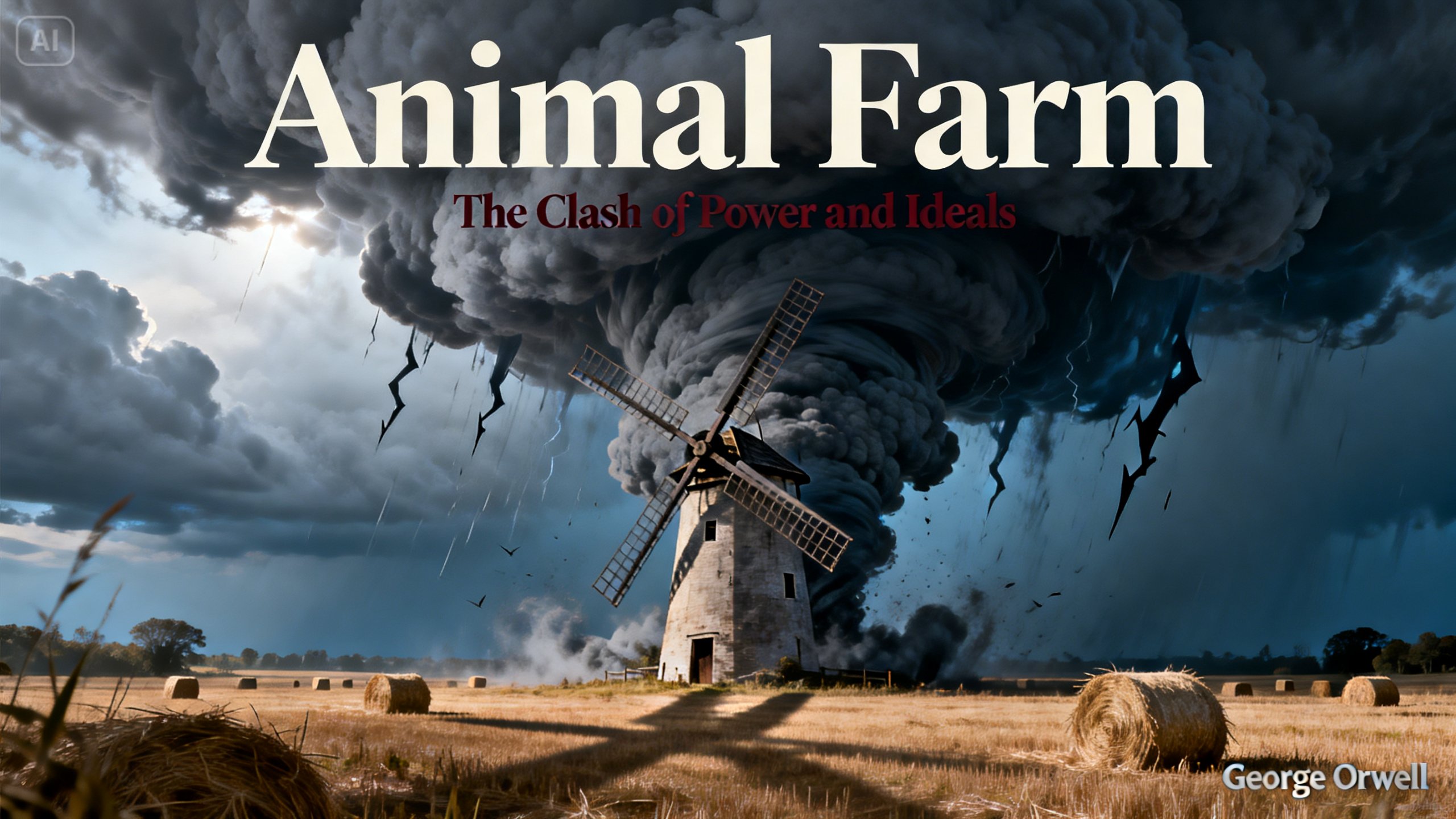 Afișul fermei de animale al morii de vânt înconjurat de nori întunecați de furtună