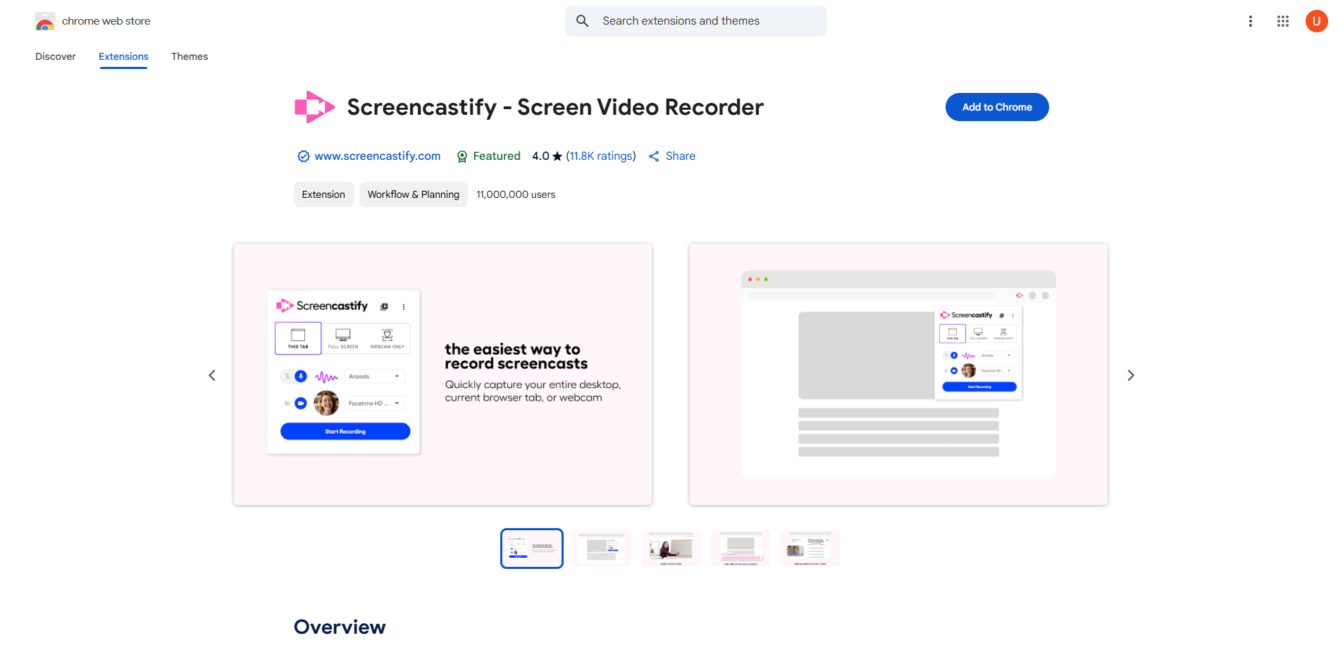 Interface of Screencastify - downloading the Screencastify Chrome extension for free