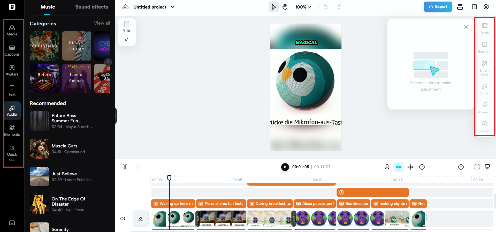 Editing options on either side of the canvas