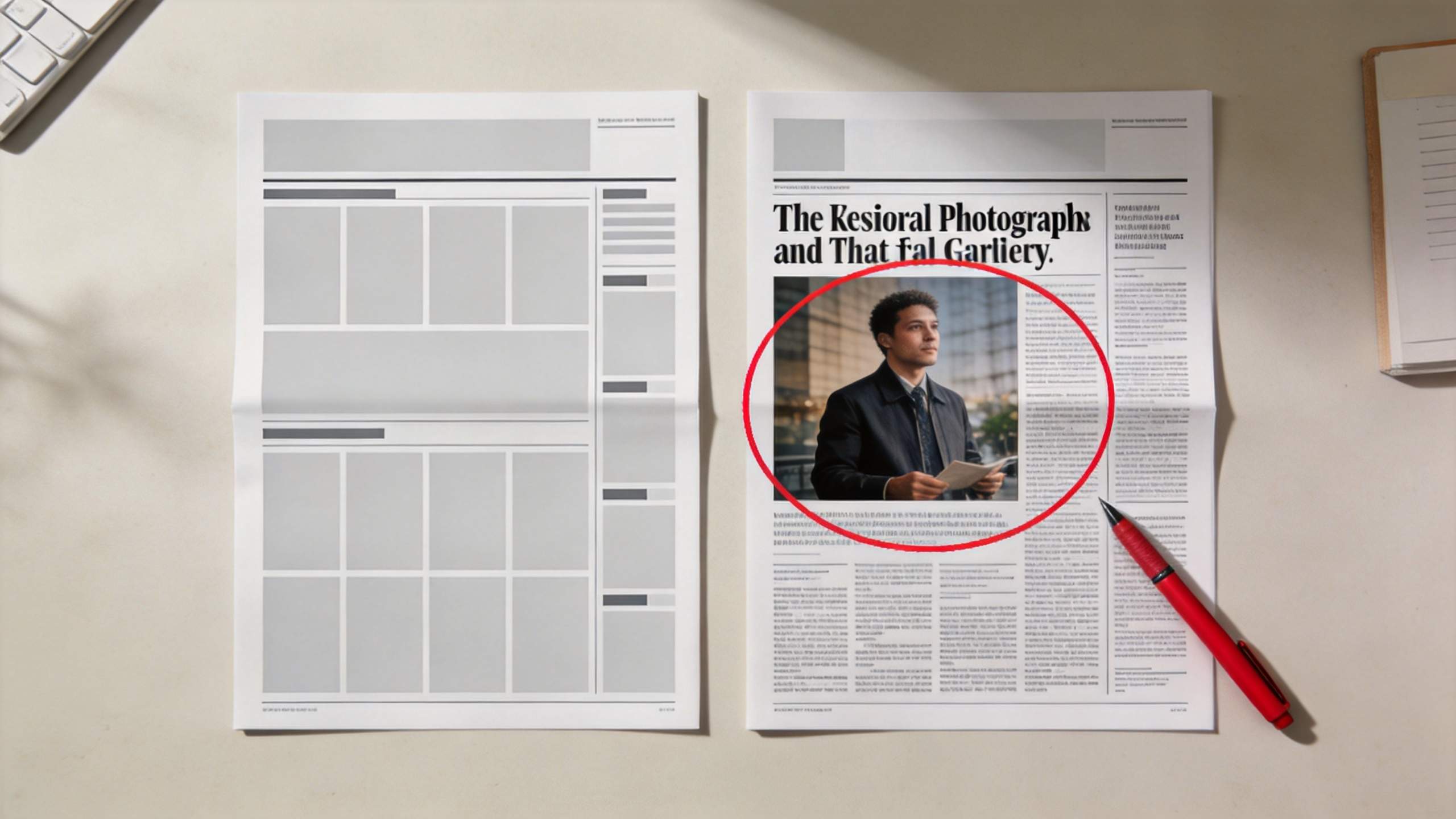 Two magazine layouts on a desk, one with gray grid blocks and one with a photo circled in red