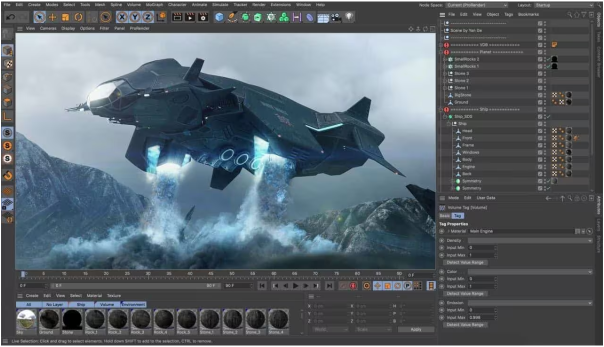 Cinema 4D interface with a spaceship scene, object and material panels, and a timeline below.