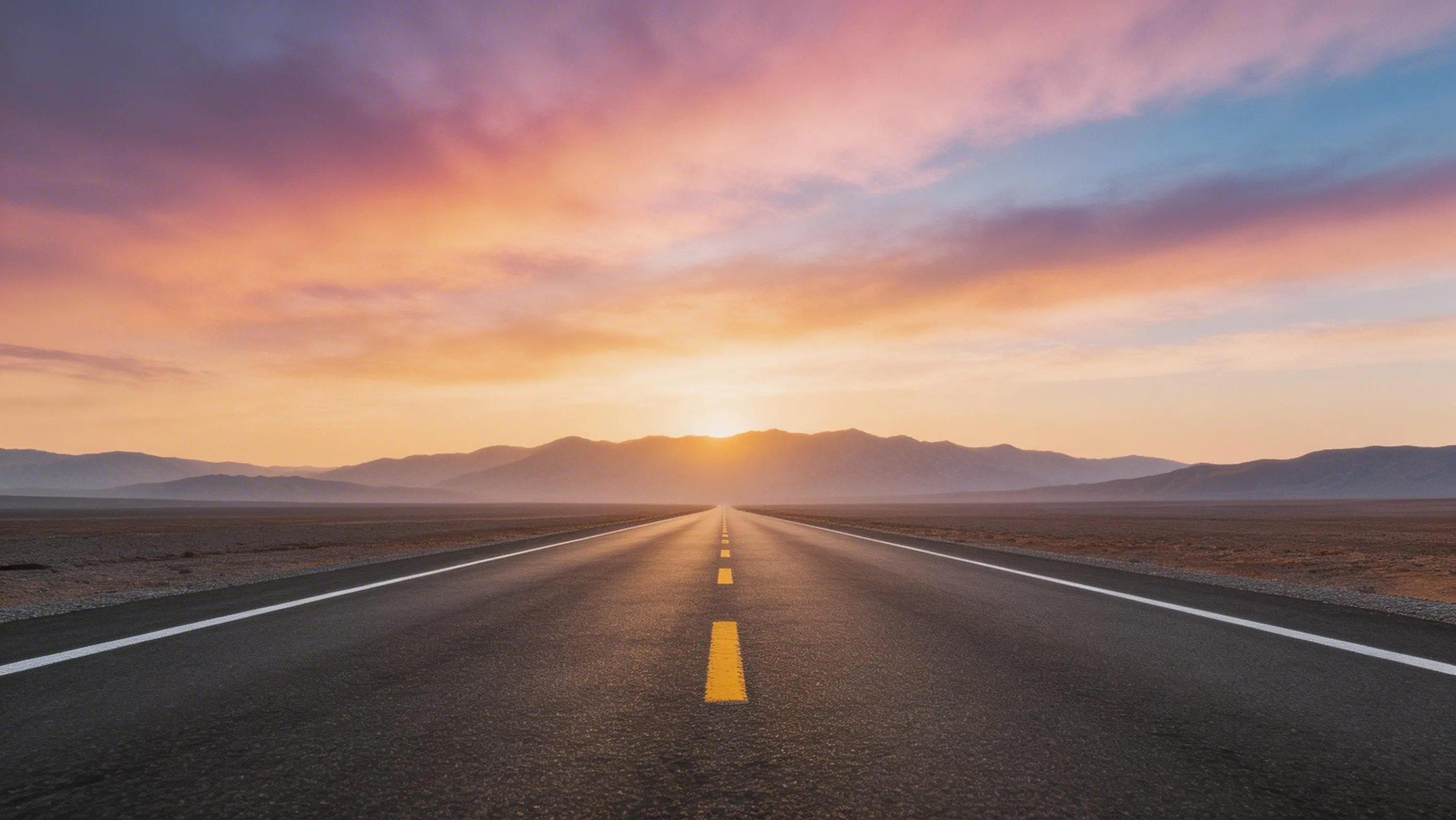 日出時通往山脈的公路，透視