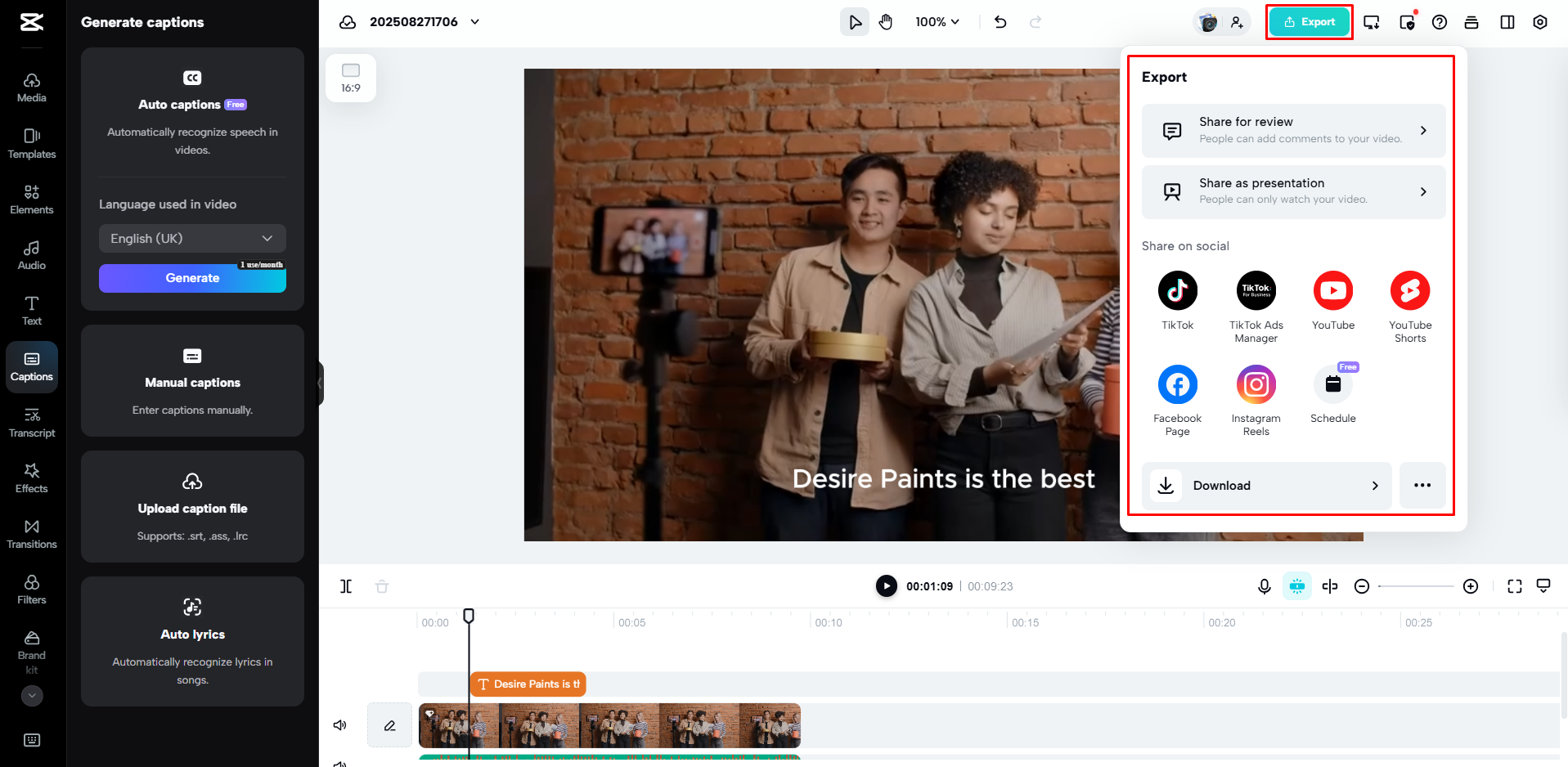 Exporting the video from CapCut Web