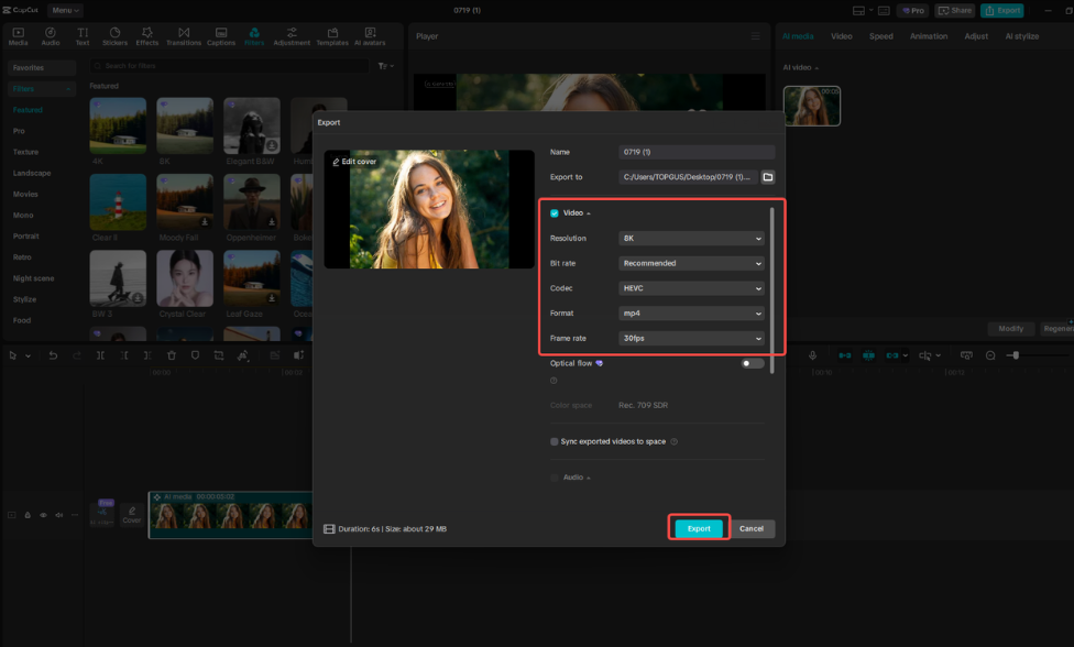 Exporting the video in CapCut