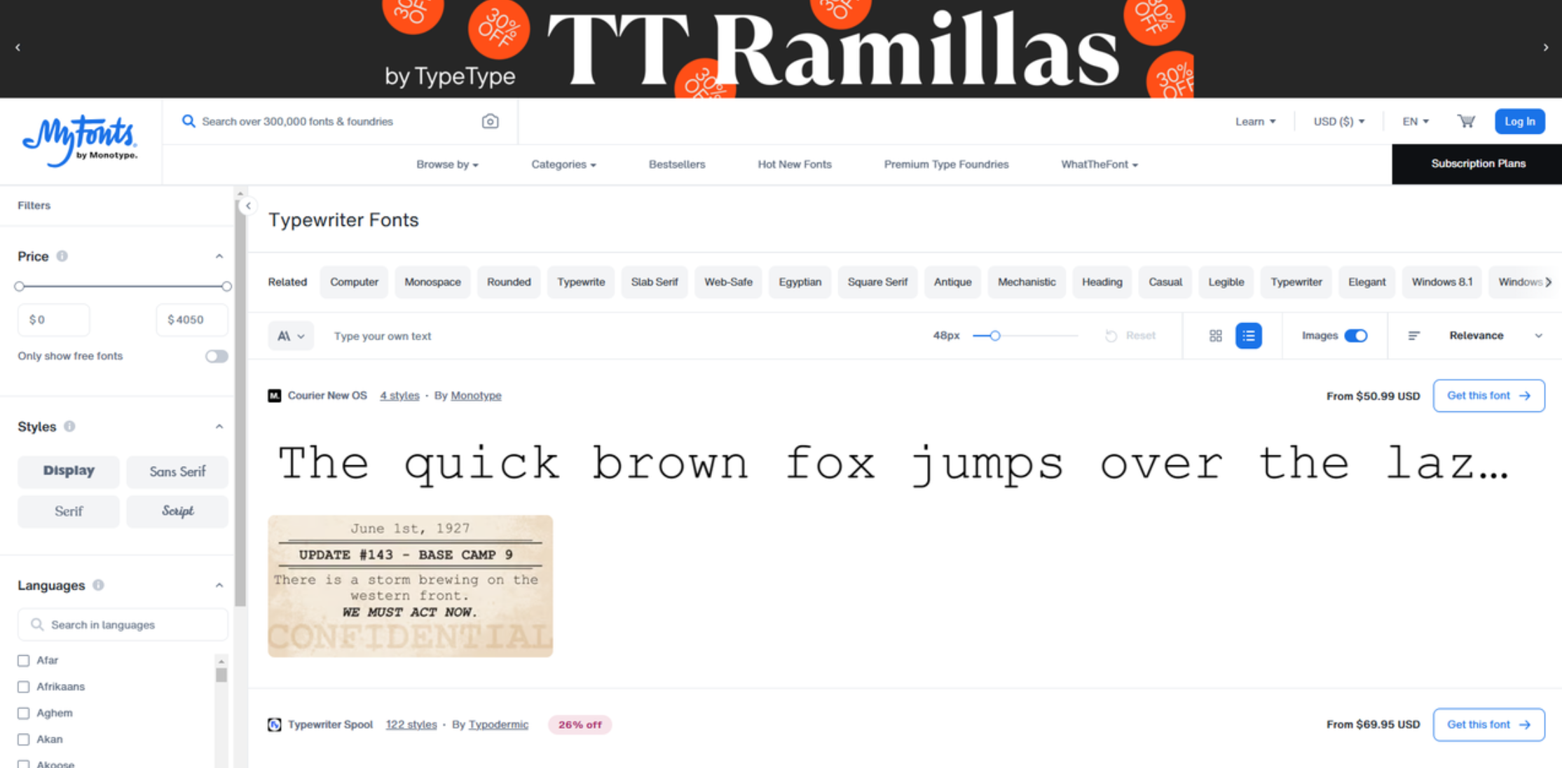 อินเทอร์เฟซของ MyFonts - แหล่งข้อมูลออนไลน์สำหรับแบบอักษรข้อความเครื่องพิมพ์ดีด