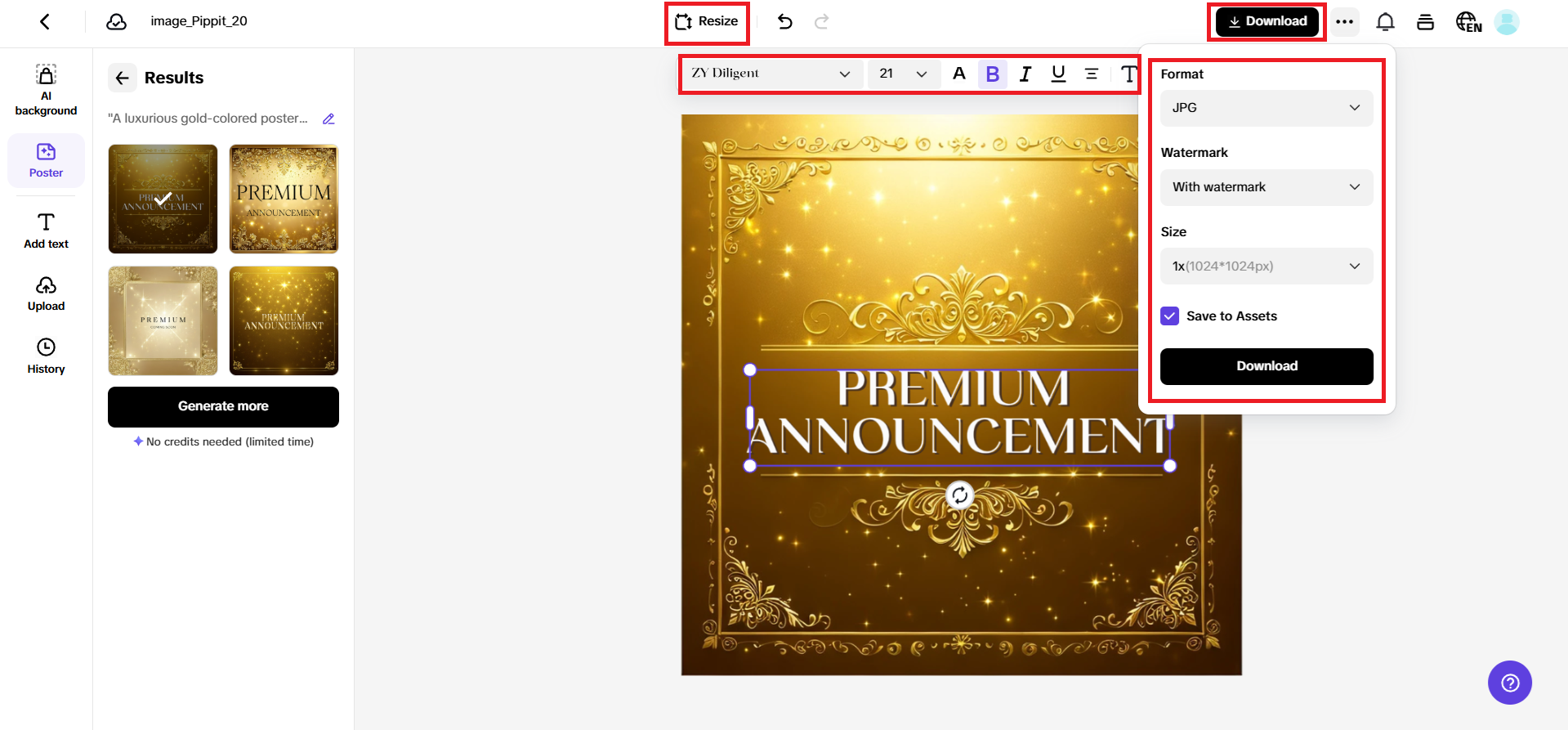 Select, edit text, and finalize your poster