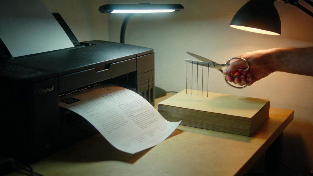Printer printing a flyer while a hand cuts tear-off tabs with scissors beside a stack of paper