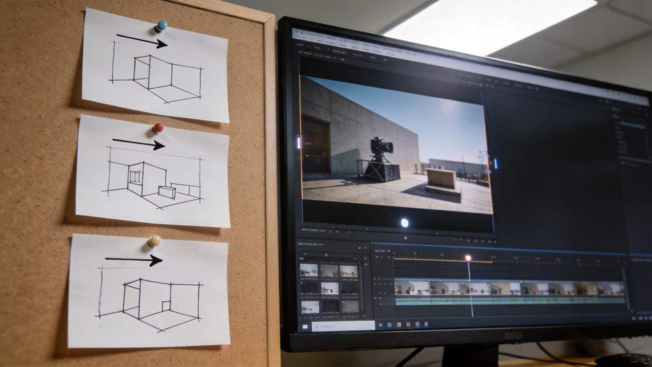 Sketches pinned to a cork board beside a video editing timeline on a monitor