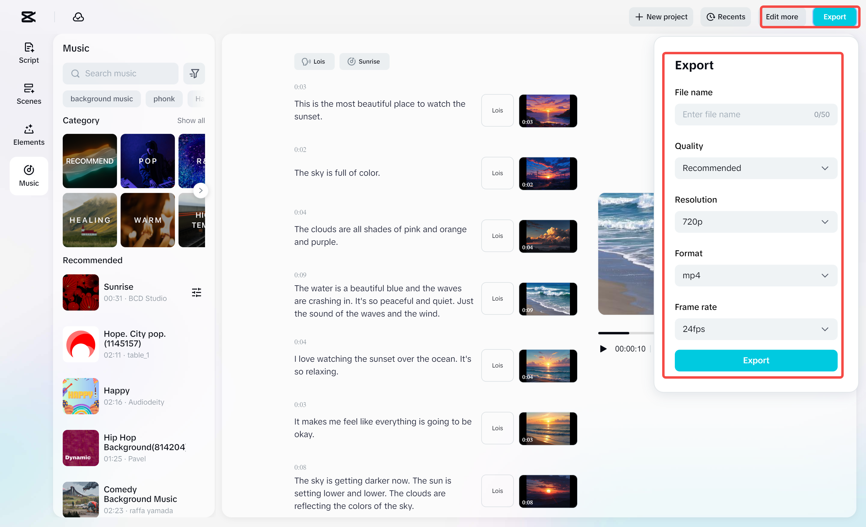 Exporting a video from CapCut's AI video maker