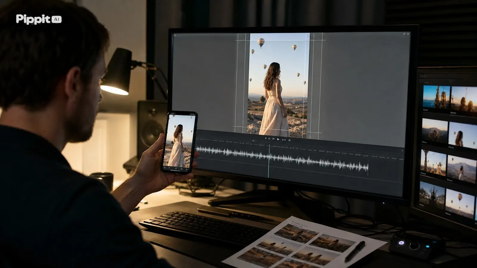 Man editing a vertical video on a monitor while holding a phone with the same clip
