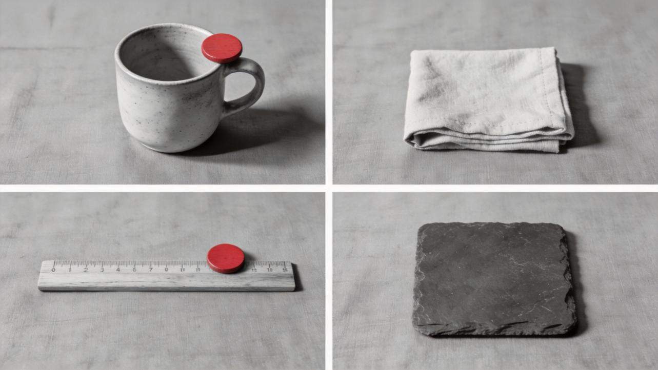 Four monochrome objects with a single red accent: a mug, folded cloth, ruler, and slate tile.