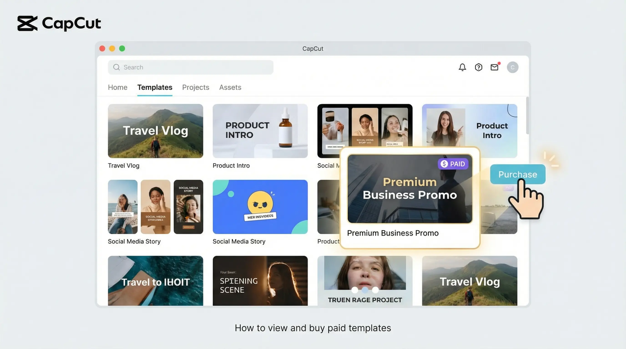 purchase paid templates in CapCut
