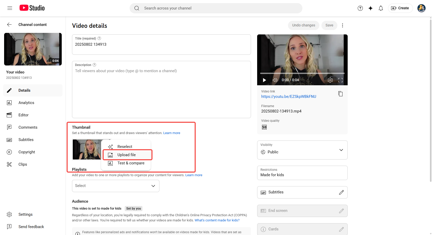 Upload a new YouTube thumbnail
