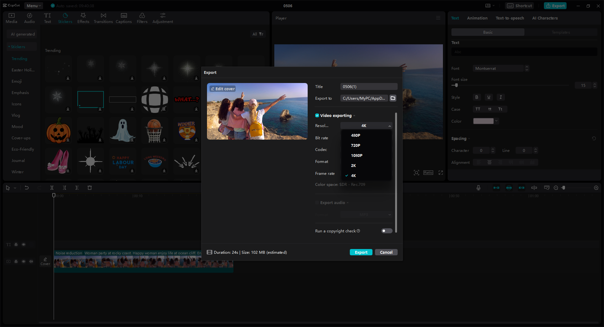 A CapCut project with seasonal stickers has its export settings dialog open over the video preview.
