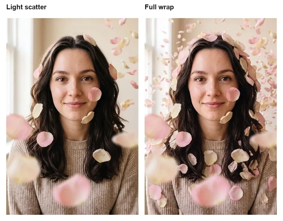 Side-by-side portrait with light and full petal coverage over a woman's face