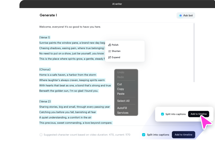 Copy the generated lyrics with CapCut's rap lyrics generator